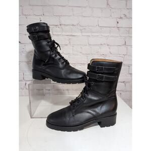 Women's Bally Black Army Military Combat Boots Leather Lace-up Size 39 France